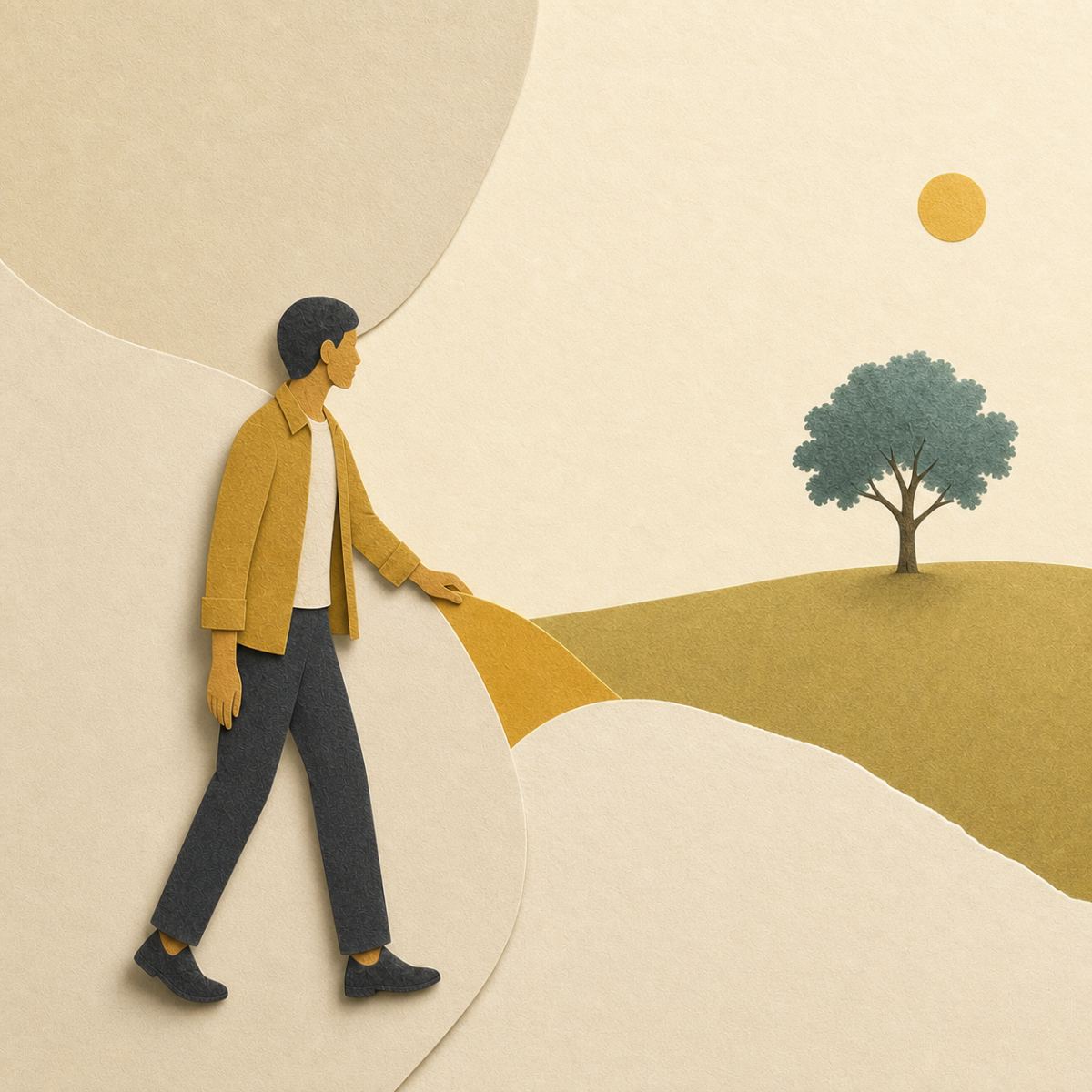Paper-cut illustration — pulling his own path toward the tree