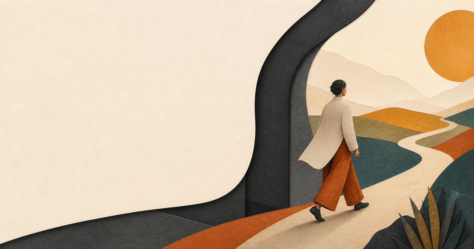Paper-cut figure walking a winding path out of dark folds toward sunlit hills