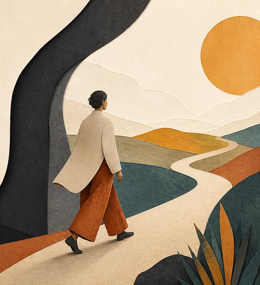 Paper-cut figure walking a sunlit path toward the sun